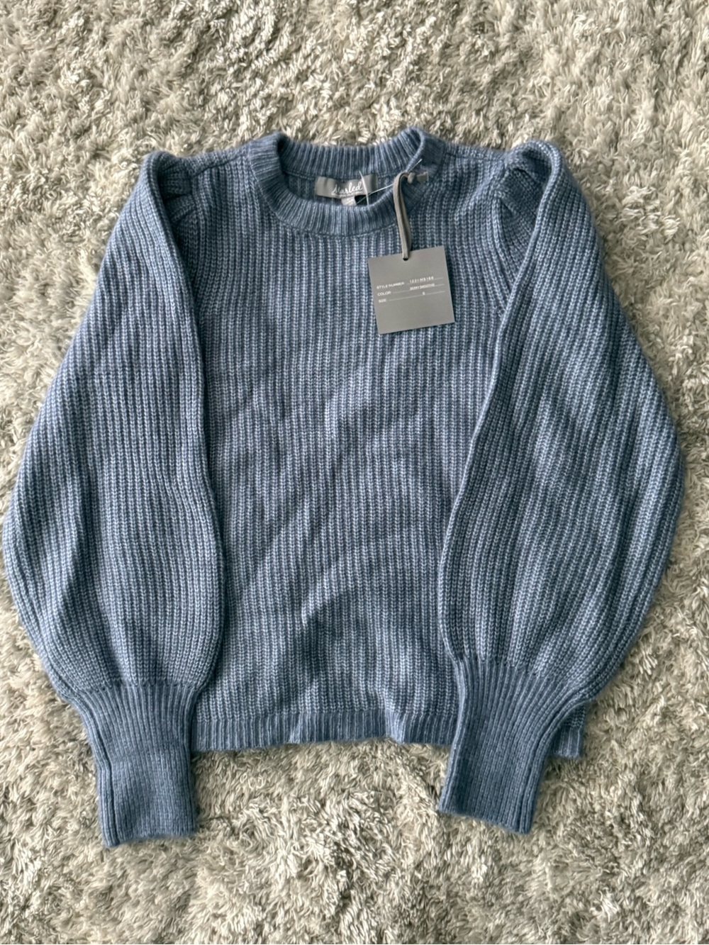 Blue Ribbed Puff-Sleeve Sweater